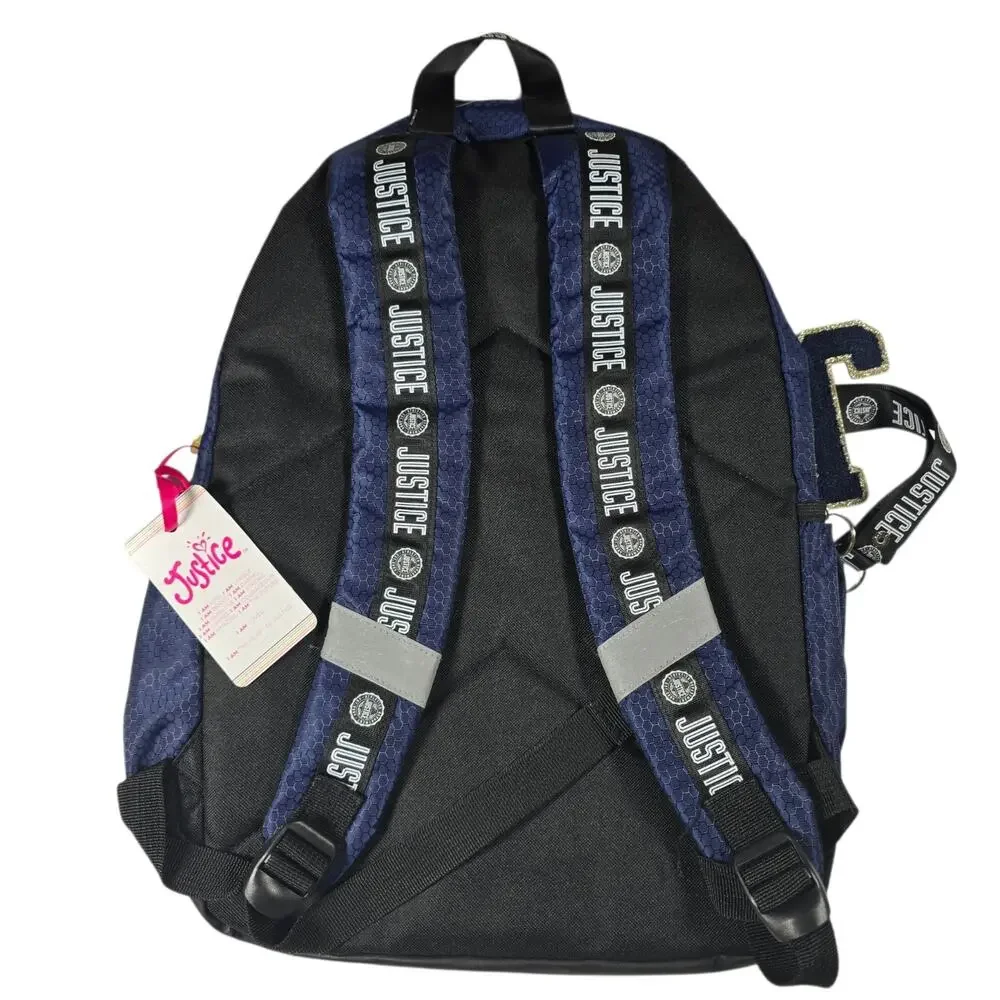 NWT Justice Girls 17” Backpack with Lanyard - Navy Blue Gold, Back to School